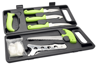 8 piece stainless steel deluxe hunting dressing kit with protective case and sharpener from HME.